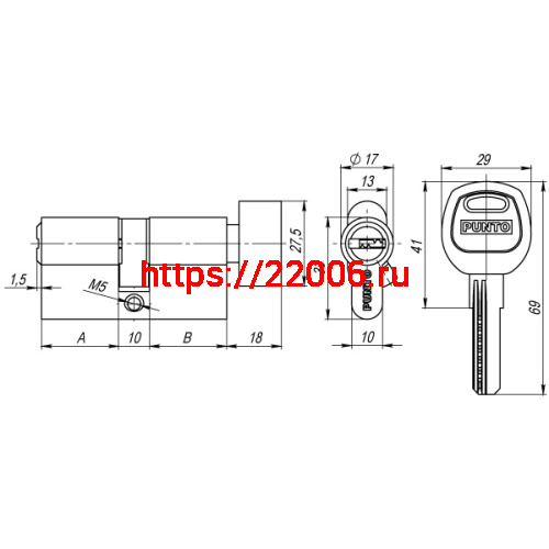 Цилиндровый Punto (Пунто) механизм (A202/120) A2002Knob120(65+10+45) с вертушкой SN никель фото 3