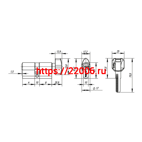 Цилиндровый Punto (Пунто) механизм MaxPro7002Knob90mm(55+10+25) SN никель 7key с вертушкой фото 4