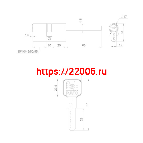 Цилиндровый Punto (Пунто) механизм Z3007Tang90(55+10+25) со штоком CP хром фото 3