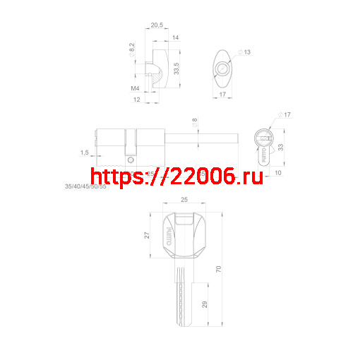 Цилиндровый Punto (Пунто) механизм (Z407/75) Z4007Tang75(40+10+25) со штоком CP хром фото 4