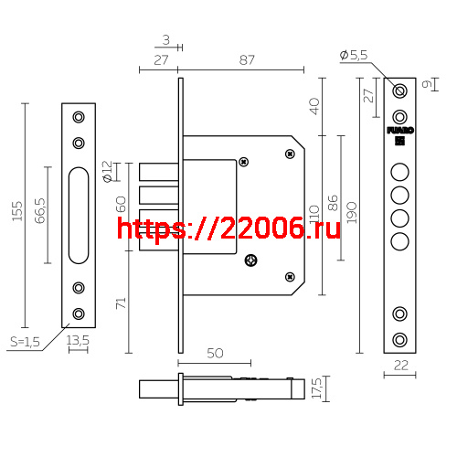Замок Fuaro (Фуаро) врезной крестообразный X200-4MF/PB (200-4MF/PB) латунь 5key фото 3