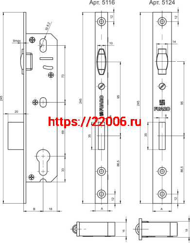 Корпус Fuaro (Фуаро) узкопрофильного замка с роликовой защёлкой PROF5116-35 CP хром фото 3