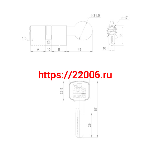 Цилиндровый Punto (Пунто) механизм Z3002Knob70(30+10+30) с вертушкой CP хром фото 3