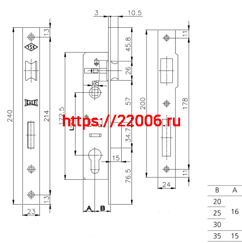 Корпус Kale kilit (Кале килит) узкопрофильного замка с защёлкой 153 (25 mm) w/b (никель) фото 3